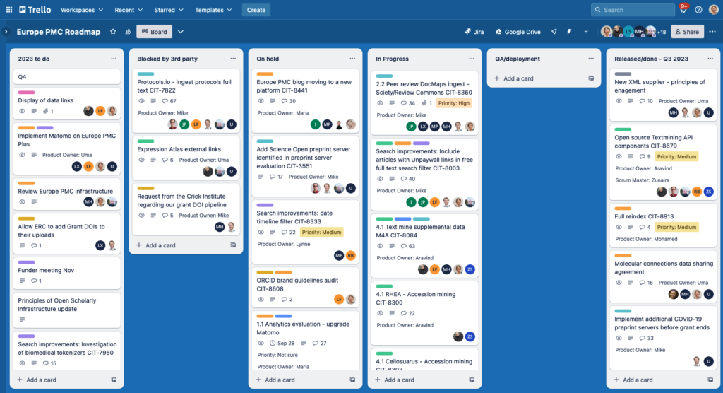 Screenshot of Trello version of Europe PMC roadmap