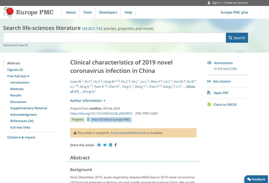 Example of a preprint page in Europe PMC