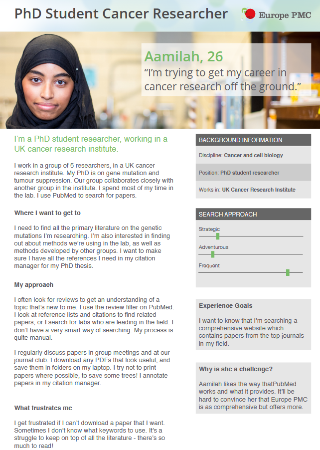 Europe PMC example persona for a student PhD researcher