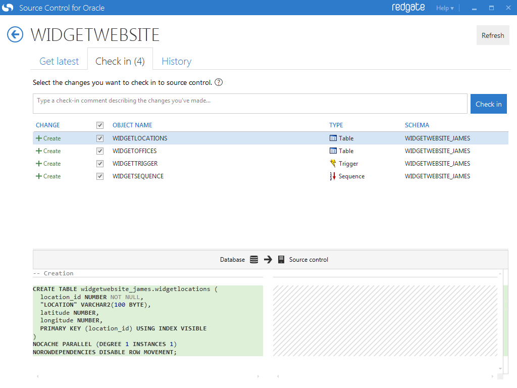 Screenshot of the Source Control for Oracle check in interface.